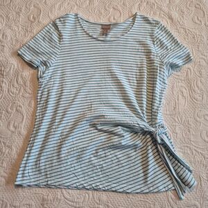 Chico's women's size 2 or large side tie teal blue and white striped shirt EUC